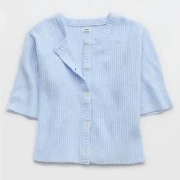 Aerie unREAL Short Sleeve Cardigan Sweater Eyelet Blue XL - Picture 2 of 5